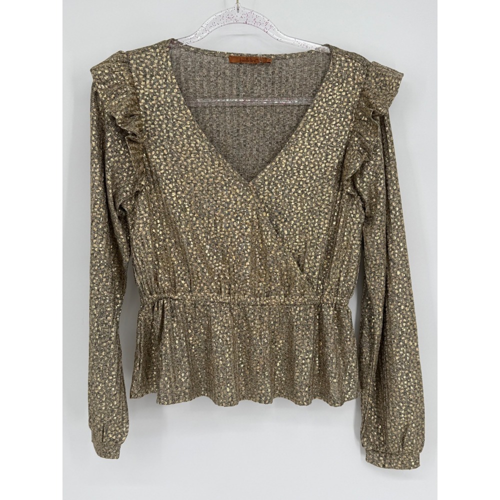 Belldini Women Gold Metallic‎ Dot Wrap Long Ruffle Sleeve Peplum Blouse Top S